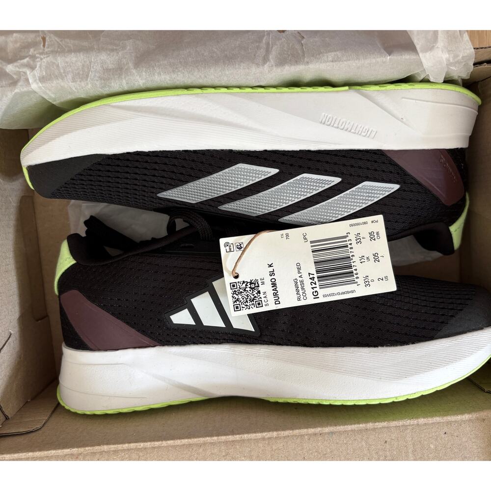 Adidas Duramo SL K Black/Lime Green Running Shoes - Youth Size 2 NWT